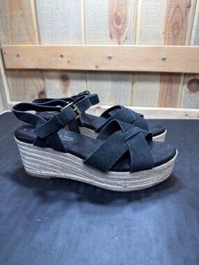 TOMS Monica Black Suede Espadrille Platform Wedge Sandals Women Size 7 US 37.5EU